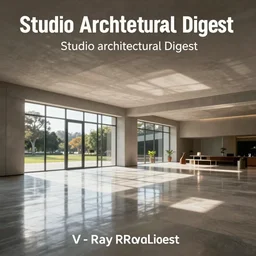 super detailed v - ray render broadcasts studio architectural digest, wide shot, big open floor highly reflective light