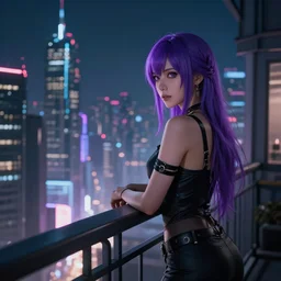 Purple haired lady looking from a balcony at the skyline of a cyberpunk city, nighttime, hyperdetailed, artstation, cgsociety, 8k