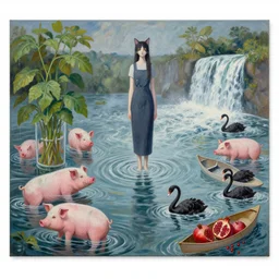 painting of flood waters, a tall catgirl art student, a river flooding inside, art supplies, pigs, plants in a glass vase, water, river, rapids, waterfall, black swans, canoe, pomegranate, berries dripping, acrylic on canvas, surrealist, by magritte and monet