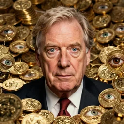 !!! rupert murdoch!!! with!! many eyes!!, surrounded by gold coins, photorealistic, cinematic lighting, highly detailed, very intricate, by henry selick
