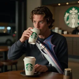 A full-shot, color cinema film still of a marlin monroe drinking coffee at a starbucks, ambient lighting at night.