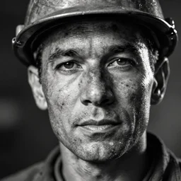 close up face male portrait of a coal miner who just finished is last shift. black and white