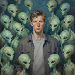“ an oil painting of a man surrounded by millions of aliens ”