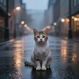 kitten sits in the empty street on a rainy day, led lights around the place, digital painting, ultra detailed, unreal engine 5,