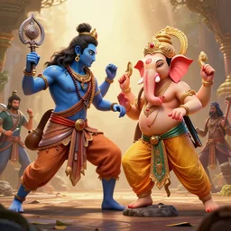 Lord Shiva fighting Lord Ganesha, rendered by Beeple, Makoto Shinkai, syd meade, simon stålenhag, concept art, digital art, unreal engine, WLOP, trending on artstation, 4K UHD image, octane render,