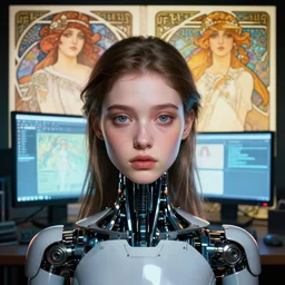 hyperrealist portrait of a pretty young female robot with large sad eyes standing in front of a computer simulation by jeremy mann and alphonse mucha, fantasy art, photo realistic, dynamic lighting, artstation, poster, volumetric lighting, very detailed faces, award winning, full face, symmetry