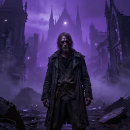 tattered war veteran in a broken gothic city surrounded by purple haze with creepy eyes glowing in distance