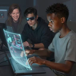 digital painting of black teenager manipulating three dimensional holographic controls in the metaverse as seen on artgerm, octane render, highly detailed, by wlop, james jean, victo ngai! cmyk palette, art fantasy by craig mullins, thomas kinkade