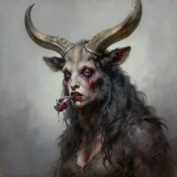 highly detailed sharp focus extremely hyperrealistic horrifying creepy 3 / 4 portrait oilpainting of minotaur lady portrait by michael hussar in style of michael hussar chimera 8 k