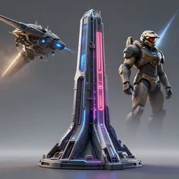 3 d sculpt environment building prop, star citizen, halo, mass effect, elysium, the expanse, high tech industrial, artstation unreal of a technological device in the shape of an industrial angular tower vertical neon