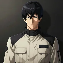 anime portrait of a man in the style of psycho - pass, he is about 3 0 years old, short black hair with bangs, his features are a mix between french, turkish and russian and he is wearing a beige and black utility jumpsuit, highly detailed portrait, digital painting, artstation, concept art, smooth, sharp foccus ilustration, artstation hq