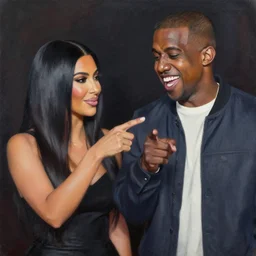kim kardashian and pete davidson pointing and laughing at kanye west, in the style of oil on canvas,