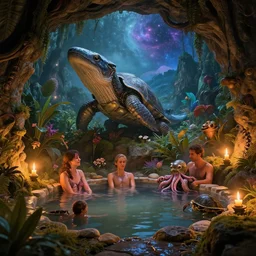 fantasy fairytale story, great hybrid leviathan, cyborg, turtle, cephalopod, reptilian, squid, terrapin, cthulhu, magical universe, cozy, hot springs, cave, forest, candlelight, natural light, lush plants and flowers, mountains, luminous stellar sky, celestial fantasy, atmospheric lighting, hyper realistic, golden hour, jessica rossier, michael cheval, michael whelan, unreal engine