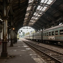 abandoned trainstation, steampunk style, fantasy style, super high detail, super high quality, talented artist, trending on artstation