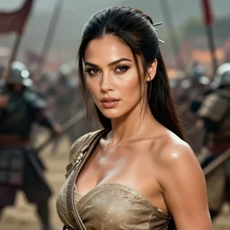 Olivia Culpo as a warrior princess in feudal japan, background: battle scene, clear makeup, clean hair, dry skin, clear skin, airbrushed, bright eye makeup, warrior body, photo by mario testino, 8k octane render, cinematic, hyper detailed, micro details, insanely detailed, trending on artstation, concept art