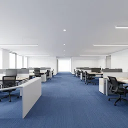 interior shooting offices enviroment, open plan, perspective view Minimalist office in Scandinavian style, city, reception, blue color, carpets floor design, steelcase furniture, open area, meeting rooms, minimal, realistic, photo-realistic maximum detail, Archviz, octane render, geometric design, design 8k resolution