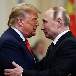 a videogame still of trump and putin in a passionate embrace, portrait, 4 0 mm lens, shallow depth of field, close up, split lighting, cinematic