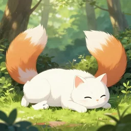 white cat with fluffy tail lying at sunny forest, fox tail, high detailed, anime illustration, fantasy, uhd, ray tracing