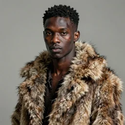 portrait painting of a beautiful black man with cut scars and cropped hair wearing a tattered fur coat, ultra realistic, concept art, intricate details, eerie, highly detailed, photorealistic, octane render, 8 k, unreal engine. art by artgerm and greg rutkowski and charlie bowater and magali villeneuve and alphonse mucha