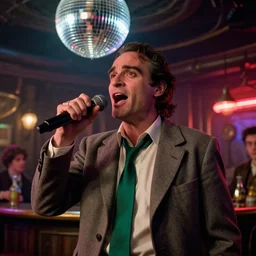 the medium shot of singing old skinny drunkard ( ( ( ( ( ( joaquin phoenix ) ) ) ) ) ) with sideburns worn in the old grey jacket with emerald tie on the scene in steampunk bar, still frame from the movie with the cinematography of christopher doyle, neon lighting reflecting from a disco ball, anamorphic lens, optical flares, 8 k