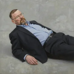 old walter white with grown hair on top of his head and a beard laying on a smooth concrete floor oil on canvas