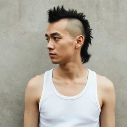 a punk - hipster who doesn't think he's a hipster. he is wearing a white tank top. he has a mullet and top of his head is shaved.