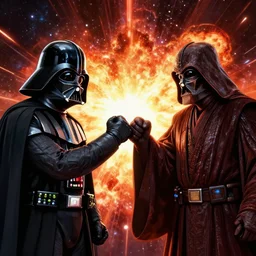 Darth Vader and Palpatine star wars fistbumping into an galaxy explosion digital art