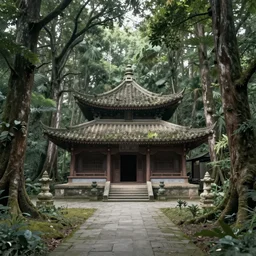 a view through the ancient forest of a hidden temple - house. it has stained glass windows and the sunlight is dramatic and cinematic. award winning composition.