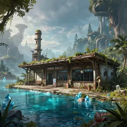 a beautiful detailed render of nature bus station abandoned industrial architecture building by thomas cole, cosmic atlantis poppy azeroth universe assassin's creed fantasy gem galactic vice city sea crystal evil water dieselpunk lake otherworldly tundra futuristic wilderness san andreas forest, archdaily, wallpaper, highly detailed, trending on artstation.