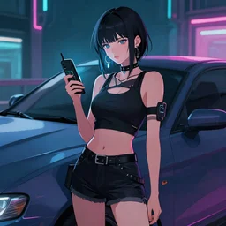 a woman standing in front of a car holding a cell phone, cyberpunk art by pu hua, featured on pixiv, serial art, official art, pixiv, anime