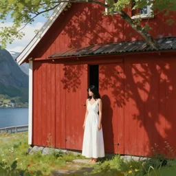 young woman with black hair in a white dress hiding! from the sun in the shade! of a red barn! in a fjord. sharp focus, detailed, realistic, smooth, illustration, elegant, wide angle, trending on artstation. art by eddie mendoza, ( anato finnstark ), and ( randy vargas ).