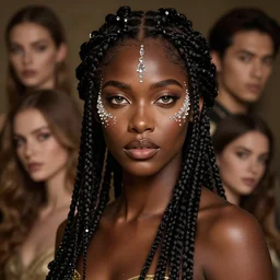 Intricate 3/4 view portrait of a gorgeous dark skinned goddess with decorated braided hair and crystals on her cheeks and forehead, by wlop and Ross Tran and sam yang and mandy jurgens and viktoria gavrilenko, identical eyes, gazing eyes, stunning, gorgeous, beautiful eyes medium shot, elegant pose, fantasy, featured on artstation, cinematic lighting, hyperdetailed, cgsociety, 8k, golden ratio, vfx, dramatic, alluring