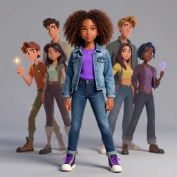 professional portrait of hazel levesque, a dark skinned fourteen year old black girl with curly brown hair and amber eyes, fullbody, wearing a purple shirt and jean jacket, jeans, sneakers, powerful, adorable, gem and magic theme, daughter of pluto, art by loish, stanley lau, greg rutkowski, wlop