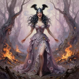 full body shot, malevolent witch facing front laughing maniacally, smoke hair, crow helmet, floral dress, dead forest on fire, fantasy, intricate, photorealistic, elegant, stylish, highly detailed, smooth, sharp focus, oil painting by carne griffiths, videogame cover art, pastel colors