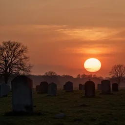 souls graveyard  with backlight , sunset , big sun on right , moody panorama by  frazetta