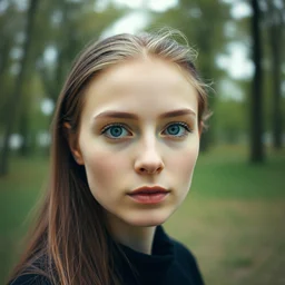 a photograph of a young woman in a park, dof, sharp focus, highly detailed face, symmetric face, realistic iris, cinestill 8 0 0 t, photography by paolo roversi