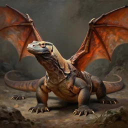 a komodo dragon with dragon wings, realistic painting, classical painting, high definition, digital art, matte painting, very detailed, realistic