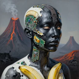 stunning person completely made out of chipped black paint, banana, exposed pc circuitry!! and white glossy plastic, volcano backdrop, greg rutkowski, oil on canvas, intricate design, high detail!!, trending on artstation, 4 k