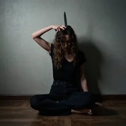 a woman killing herself with a knife through her head full body