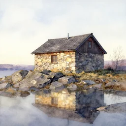 watercolor painting of cabin at rocky hill, reflective, stone walls, winter, sunlight, morning, ambient lighting, art by hans dahl