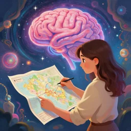 a cute lady cartographer looking over a paper map of the human consciousness and the psychedelic experience. digital art painting, featured on artstation