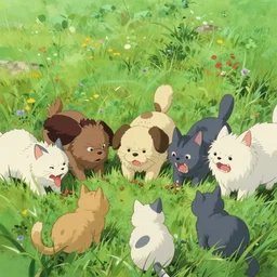 beautiful painting from the anime film by studio ghibli, floppy eared dogs in a grassy field eating cats, snarling , trending on artstation