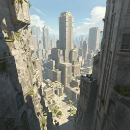 large city built inbetween a ravine, high fantasy, digital illustration, bright lighting, stone, concrete, building architecture, extreme wide shot, trending artstation, concept art