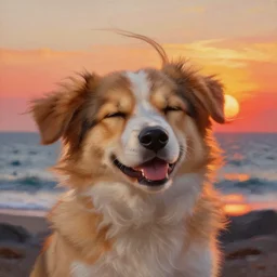 a cute smiling puppy with its eyes shut on a very windy day, at the sea, wind blowing through the dogs fur, strong wind, closed eyes, highly detailed, hyperrealistic, intricate, sunset in the background, rays of golden red sunlight, oil painting by greg rutkowski and artgerm and wlop