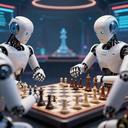 ai virtual robots playing multidimensional intellectual logic chess against each other in a cyberspace thunderdome. closeup view. hyper detailed, 4 k hd image trending on artstation, featured on behance, well rendered, extra crisp, epic composition, beautiful lighting, depth of field