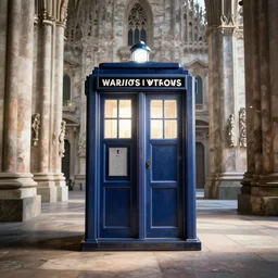 TARDIS inside the Milan cathedral, hyper-realistic, octane render, matte