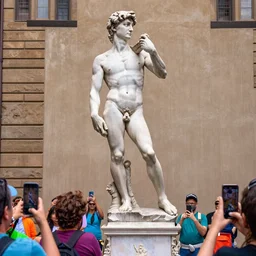the statue david from michelangelo climbing down from the pedestial and rises both arms to cheer, surrounded by colorful tourists with smartphones
