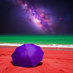 purple umbrella, red sand beach, green ocean, nebula sunset