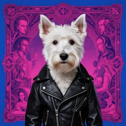 a white terrier dog in a black leather biker jacket portrait by lee jeffries, in the style of beksinski, intricate composition, magenta by caravaggio, highly quality, highly detailed, masterpiece, blue light, artstation