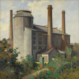 geometric painting of industrial buildings surrounded by undergrowth by gustave courbet